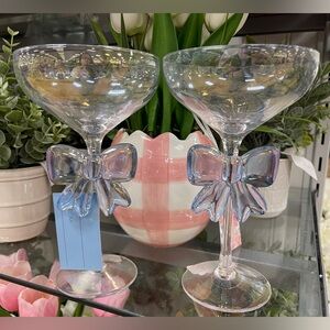 Blue Bow Ribbon Coquette Iridescent Glass Coupe Champagne Glasses Set of 2 NWT